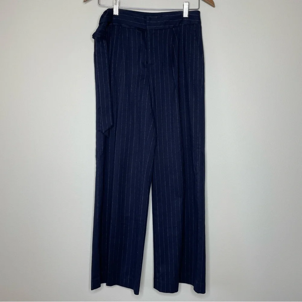Halogen Navy Pinstriped Wide Leg Trousers with Attached Belt